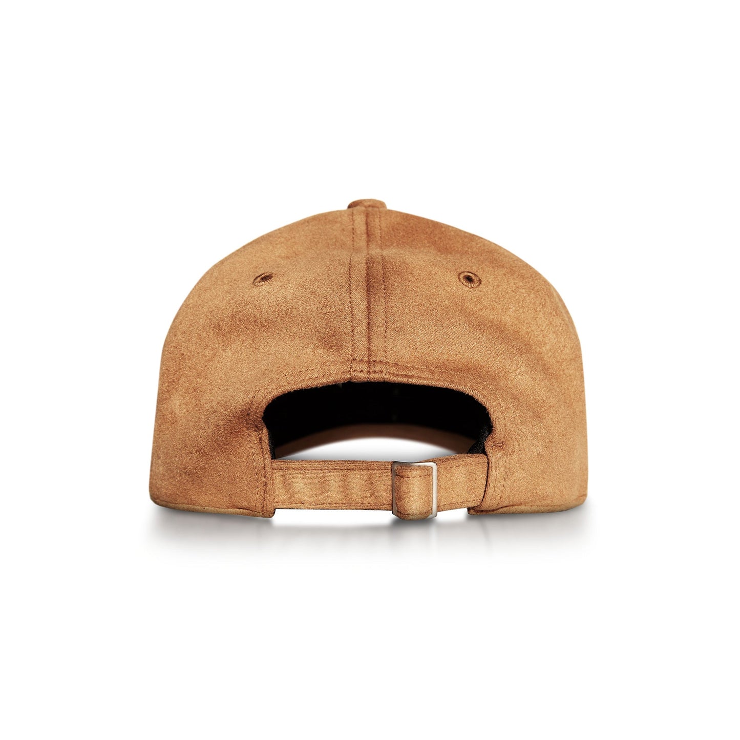 The Reebok Suede Badge Cap in brown vegan suede is shown from the back, highlighting its adjustable strap with a metal buckle against a white background.