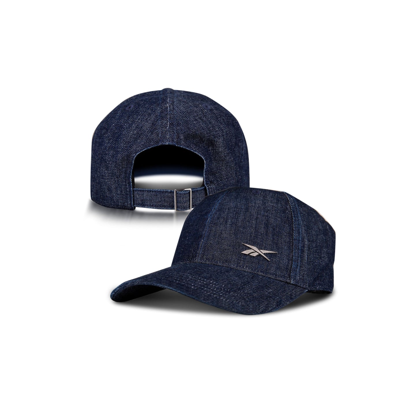 Two Denim Badge Caps by Reebok are shown on a white background: one displays the front with a small white Reebok logo, the other shows the back and adjustable strap. Both include a Speedwick sweatband for comfort.