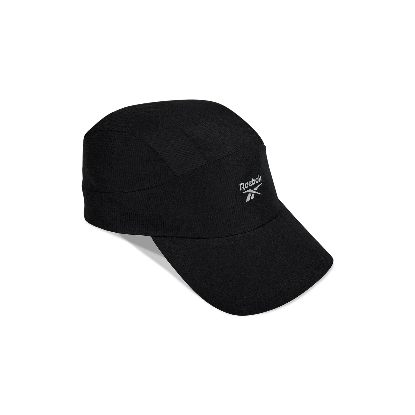 The Reebok Running Cap is a black, lightweight hat with a curved brim and white Reebok logo, made from moisture-wicking fabric. Displayed against a plain white background.