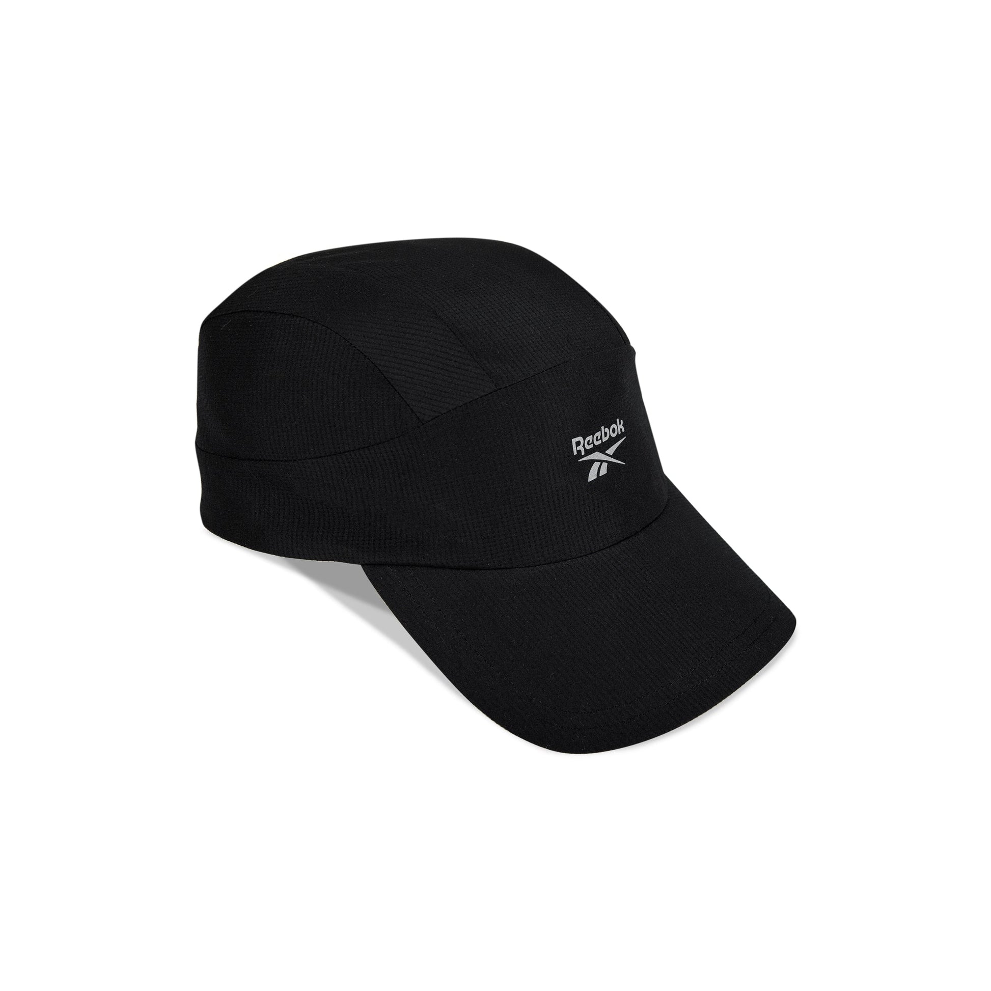 The Reebok Running Cap is a black, lightweight hat with a curved brim and white Reebok logo, made from moisture-wicking fabric. Displayed against a plain white background.