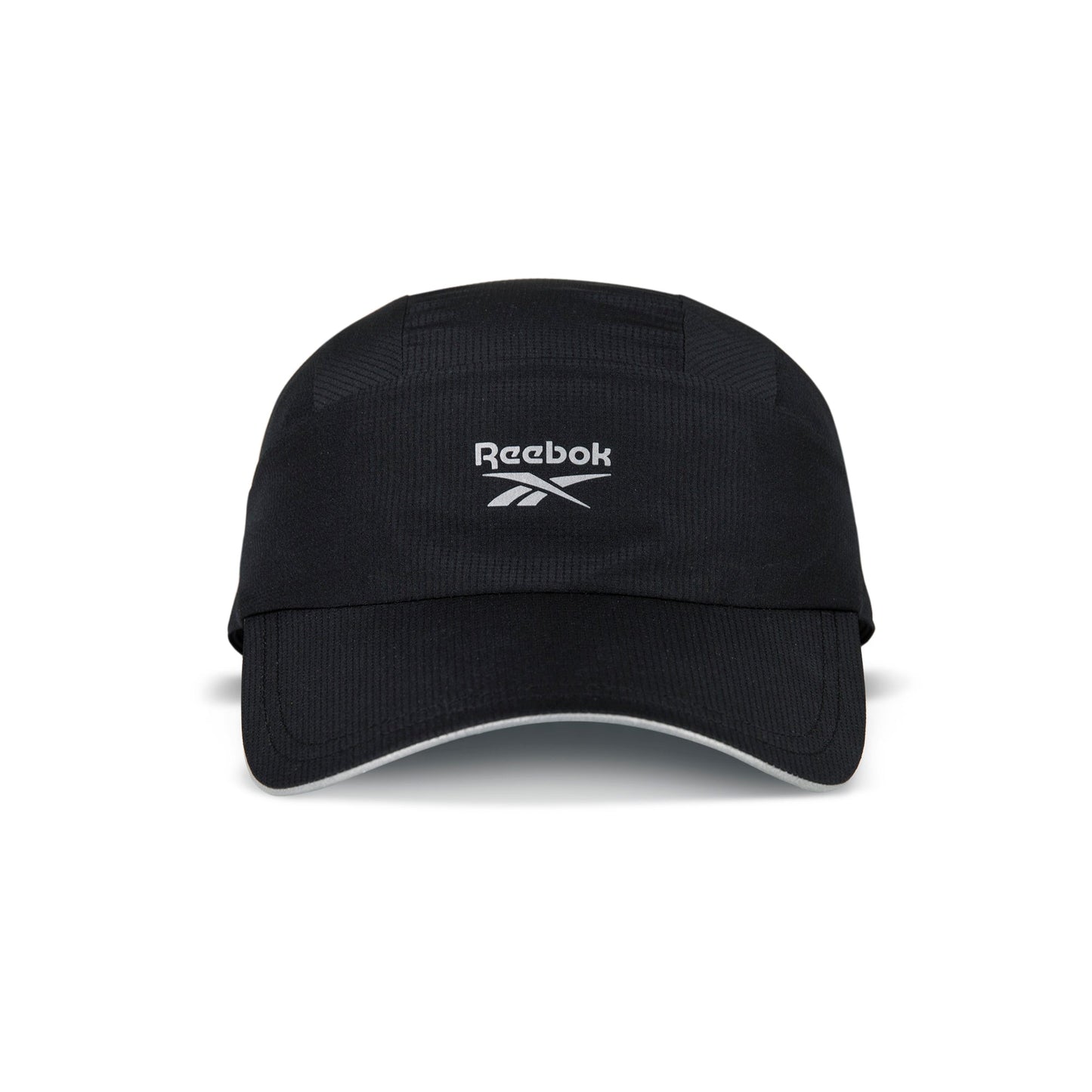 The front of the black Reebok Running Cap features the white Reebok logo and brand name on its panel, plus a slightly curved brim. This lightweight hat offers both comfort and style.