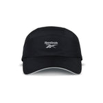 The front of the black Reebok Running Cap features the white Reebok logo and brand name on its panel, plus a slightly curved brim. This lightweight hat offers both comfort and style.