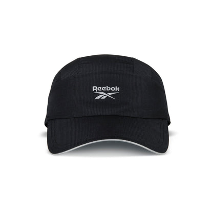 The front of the black Reebok Running Cap features the white Reebok logo and brand name on its panel, plus a slightly curved brim. This lightweight hat offers both comfort and style.