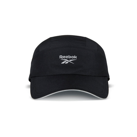 The front of the black Reebok Running Cap features the white Reebok logo and brand name on its panel, plus a slightly curved brim. This lightweight hat offers both comfort and style.