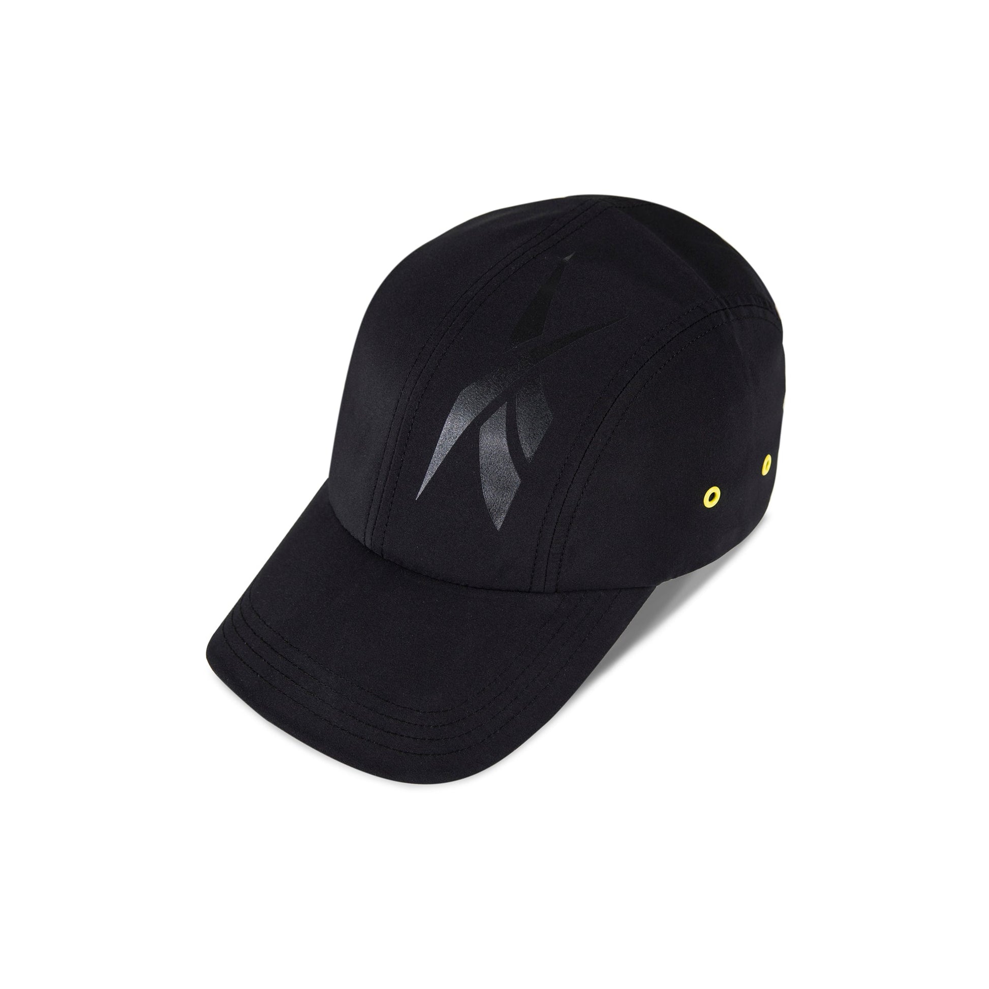The Reebok Technical Running Cap With Drawcord, made from recycled materials, features a shiny black abstract front logo and two yellow side eyelets, displayed on a white background.