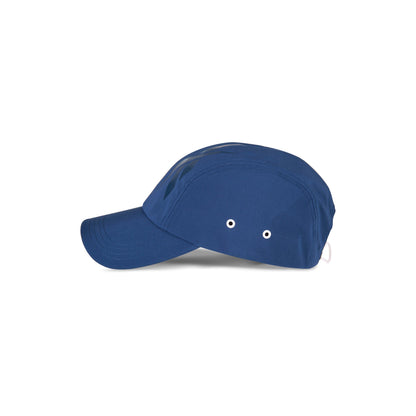 A blue Reebok Technical Running Cap With Drawcord, shown from the side on a white background, features two metal ventilation eyelets and a curved brim, and is made with recycled materials.