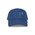 The Reebok Technical Running Cap With Drawcord is shown front-facing, featuring a dark blue ribbon-like graphic, visible stitching on brim and crown, and made from recycled materials for eco-friendly performance.