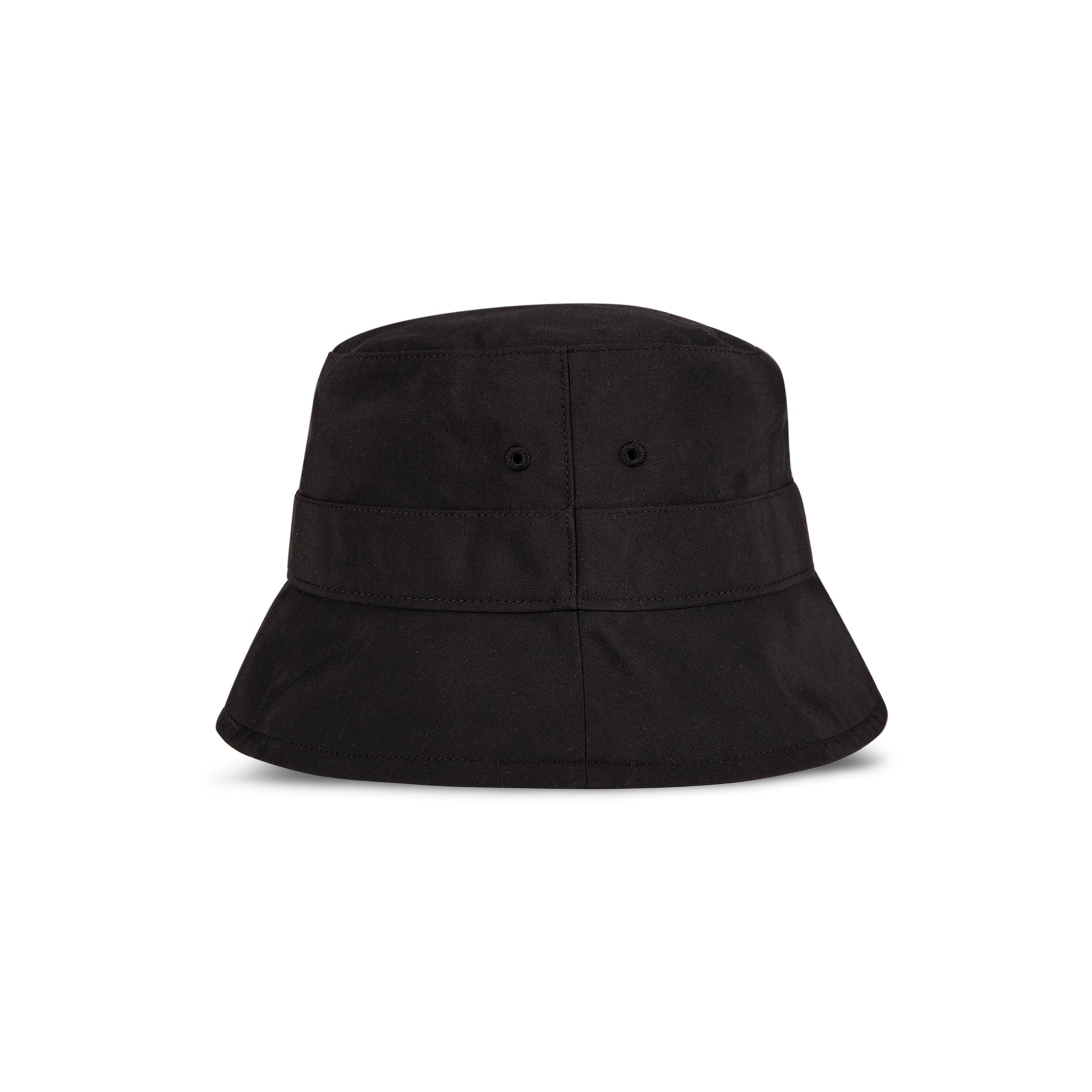 The Reebok Bucket Hat is plain black with a wide, downward-sloping brim and two side ventilation eyelets, shown on a white background.