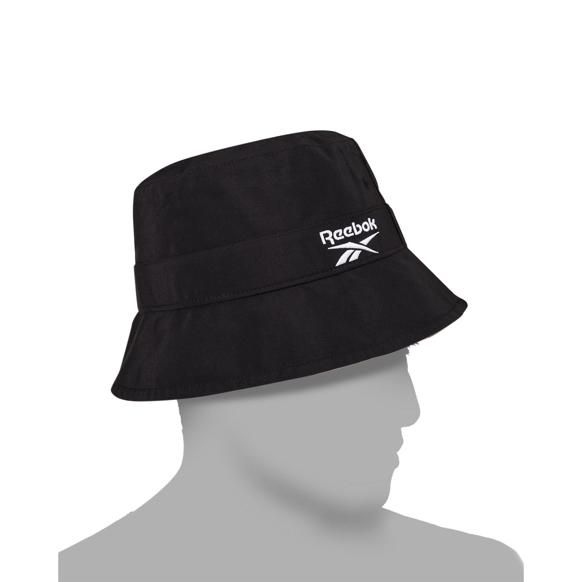 A Reebok Bucket Hat in black with a white logo is displayed on a gray, featureless mannequin head in profile against a plain white background.