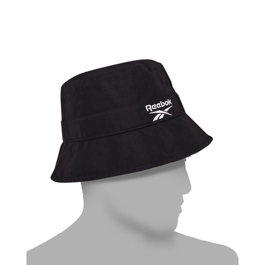 A Reebok Bucket Hat in black with a white logo is displayed on a gray, featureless mannequin head in profile against a plain white background.