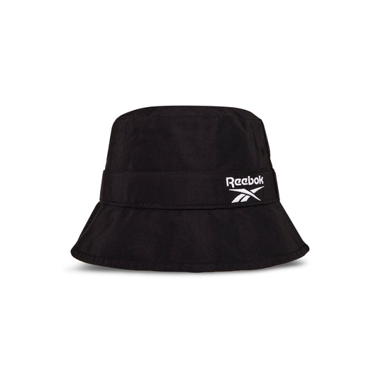 The Reebok Bucket Hat features a wide brim and an embroidered white Reebok logo on the front. Displayed against a plain white background.