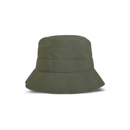 Olive green Reebok Bucket Hat featuring a wide brim and visible stitching, made from recycled nylon. A must-have streetwear accessory by Reebok, shown against a white background.