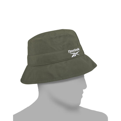 A mannequin wears a Reebok Bucket Hat in olive green, made from recycled nylon with a white embroidered logo on the front. The plain white background highlights this eco-friendly streetwear accessory.