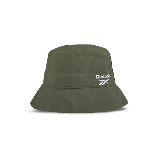 The Reebok Bucket Hat in olive green, crafted from recycled nylon, features a wide brim and white logo for standout streetwear style. Shown against a plain white background.