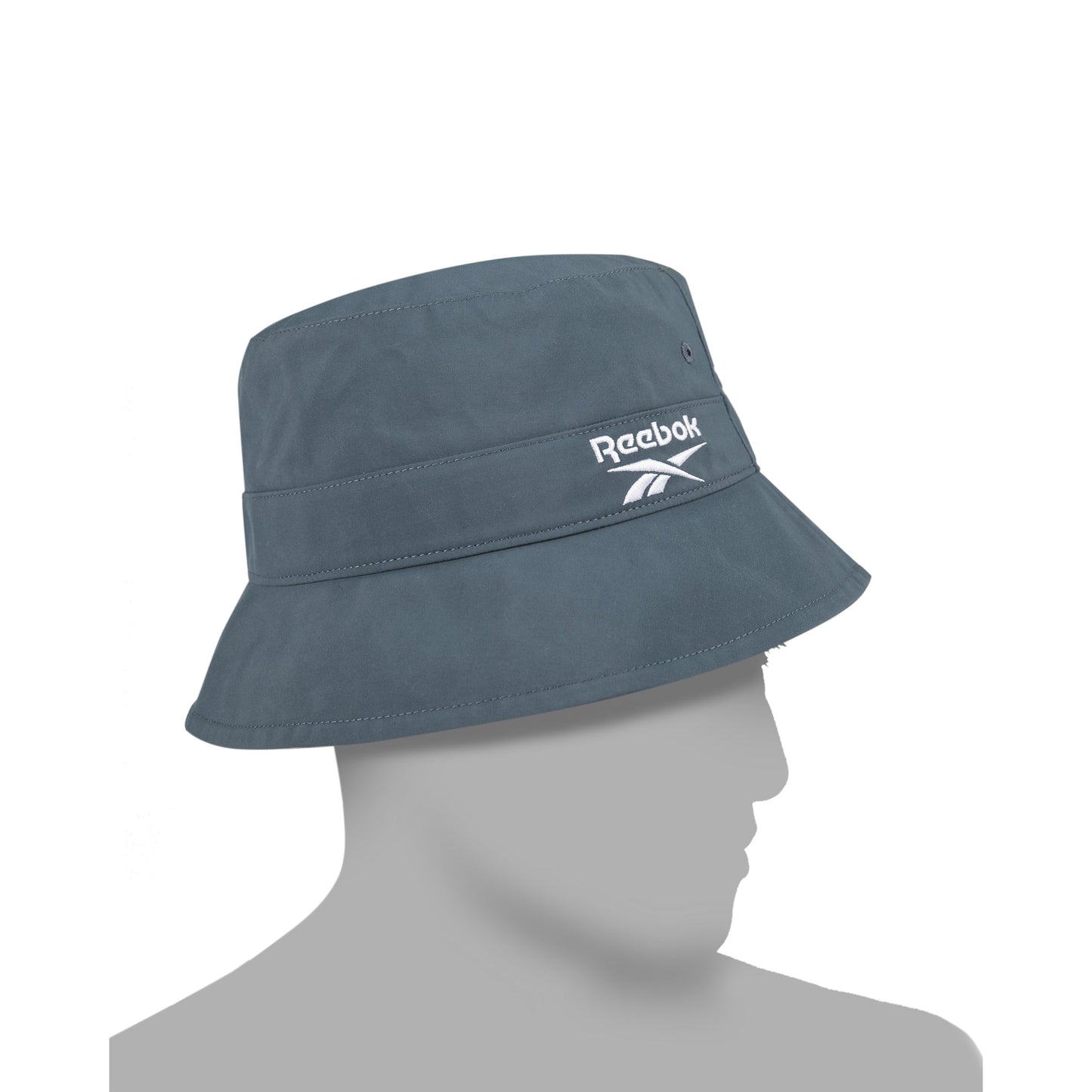 A Reebok Bucket Hat in grey from the [REE]CYCLED Collection, made with recycled nylon and featuring a white embroidered logo on the front, is shown displayed on a featureless grey mannequin head against a plain white background.
