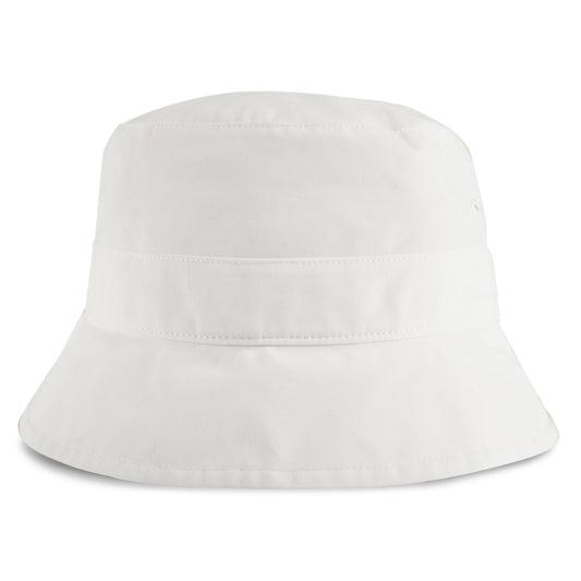 The Reebok Bucket Hat is a plain white cotton hat with a wide, downward-sloping brim and streetwear style, shown against a white background.
