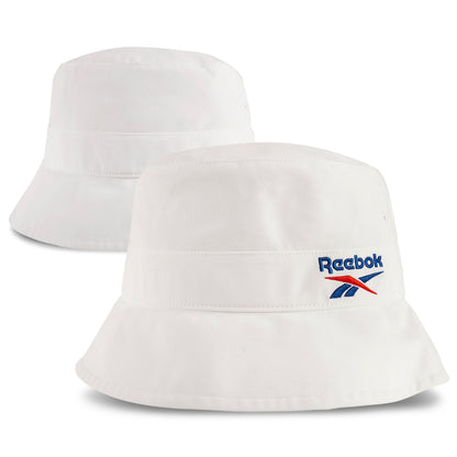 Two white Reebok Bucket Hats are shown on a white background: one displays the front with the Reebok logo in blue, red, and navy, and the other shows the plain back. Both are eco-friendly streetwear from Reebok.