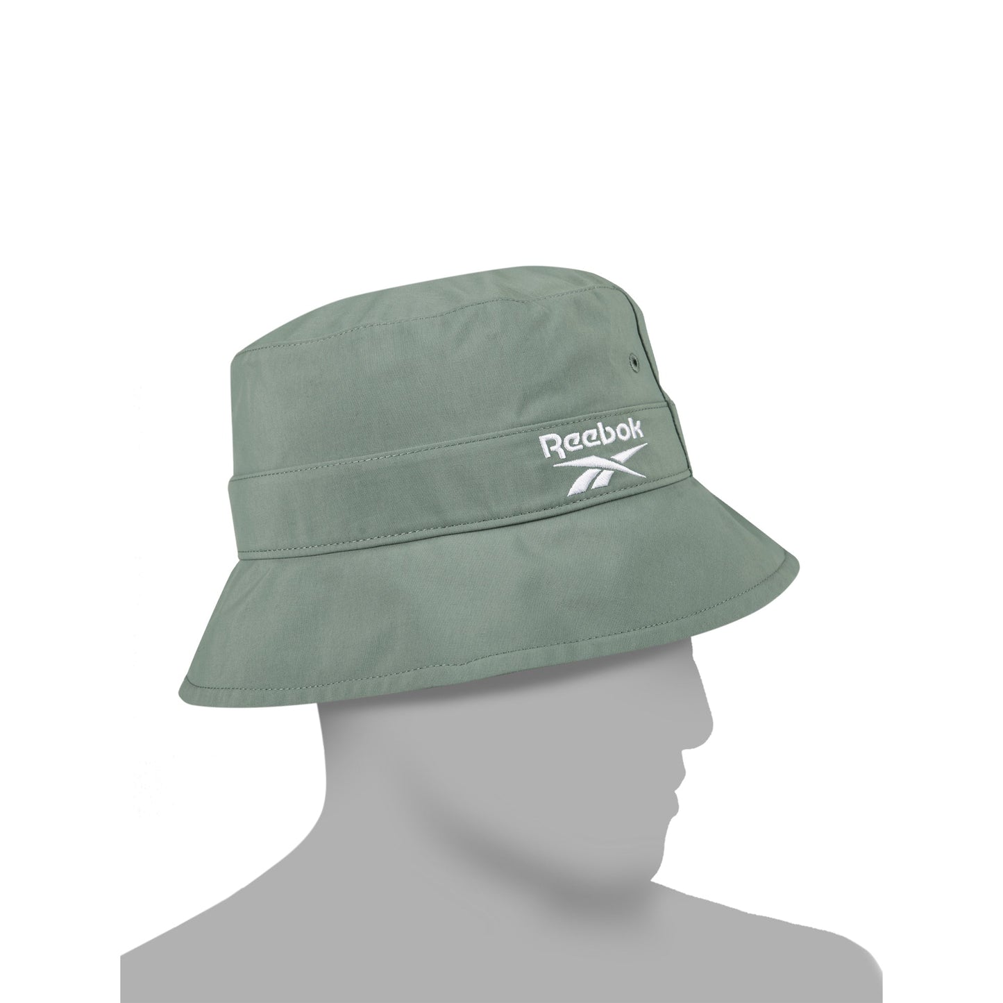 The Reebok Bucket Hat in sage green is crafted from recycled nylon and features a white embroidered logo on the side, shown in profile on a gray mannequin head against a plain white background.