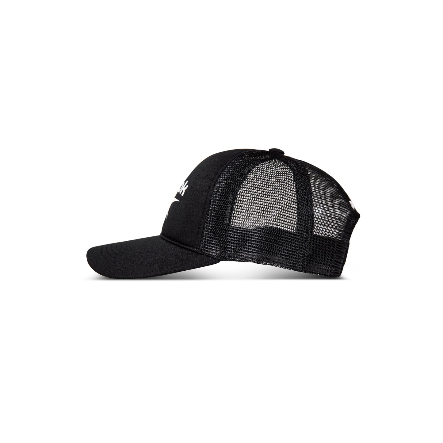 The Reebok Aero Cap, shown in black with a mesh back and solid front, features moisture-wicking fabric and an athletic design. Displayed in side profile on a white background.