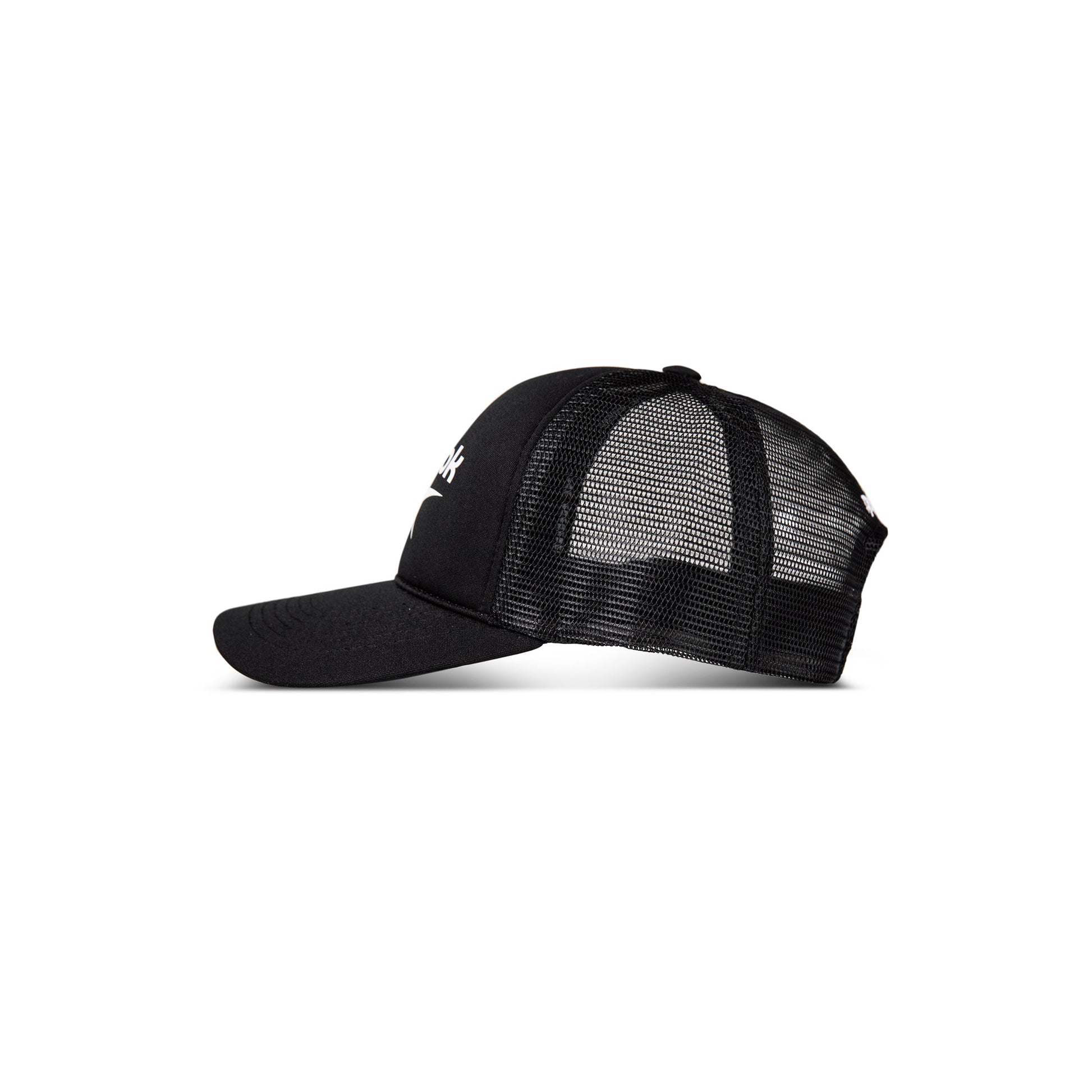 The Reebok Aero Cap, shown in black with a mesh back and solid front, features moisture-wicking fabric and an athletic design. Displayed in side profile on a white background.