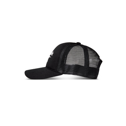 The Reebok Aero Cap, shown in black with a mesh back and solid front, features moisture-wicking fabric and an athletic design. Displayed in side profile on a white background.