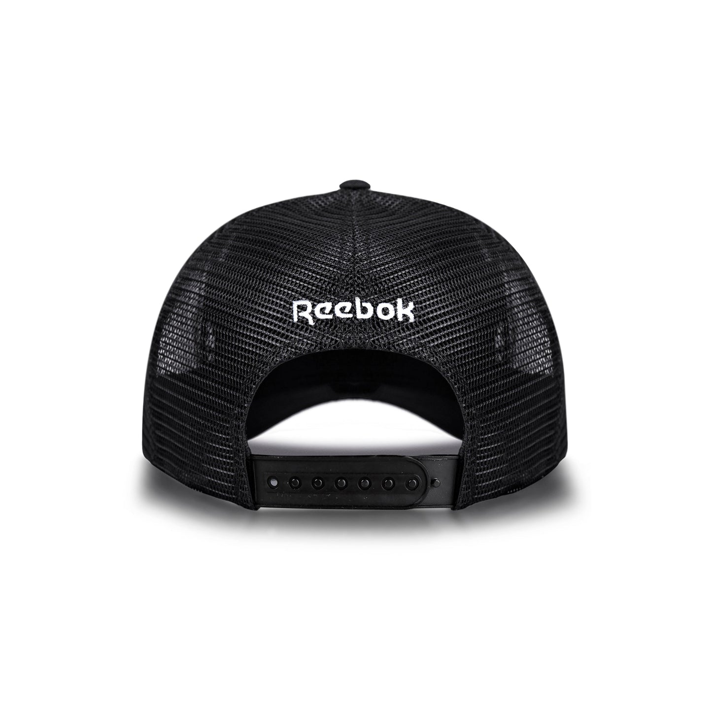 Back view of the Reebok Aero Cap, an athletic hat with black mesh, adjustable snapback closure, moisture-wicking fabric, and a white Reebok logo embroidered above the opening.