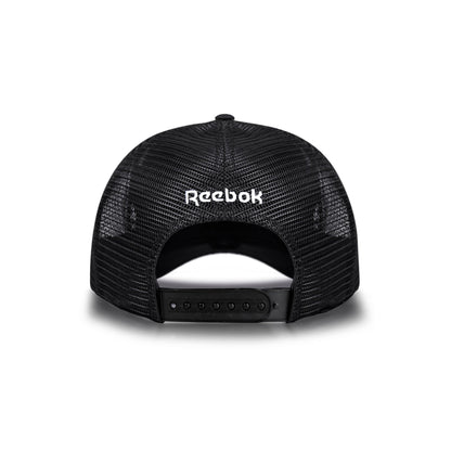 Back view of the Reebok Aero Cap, an athletic hat with black mesh, adjustable snapback closure, moisture-wicking fabric, and a white Reebok logo embroidered above the opening.