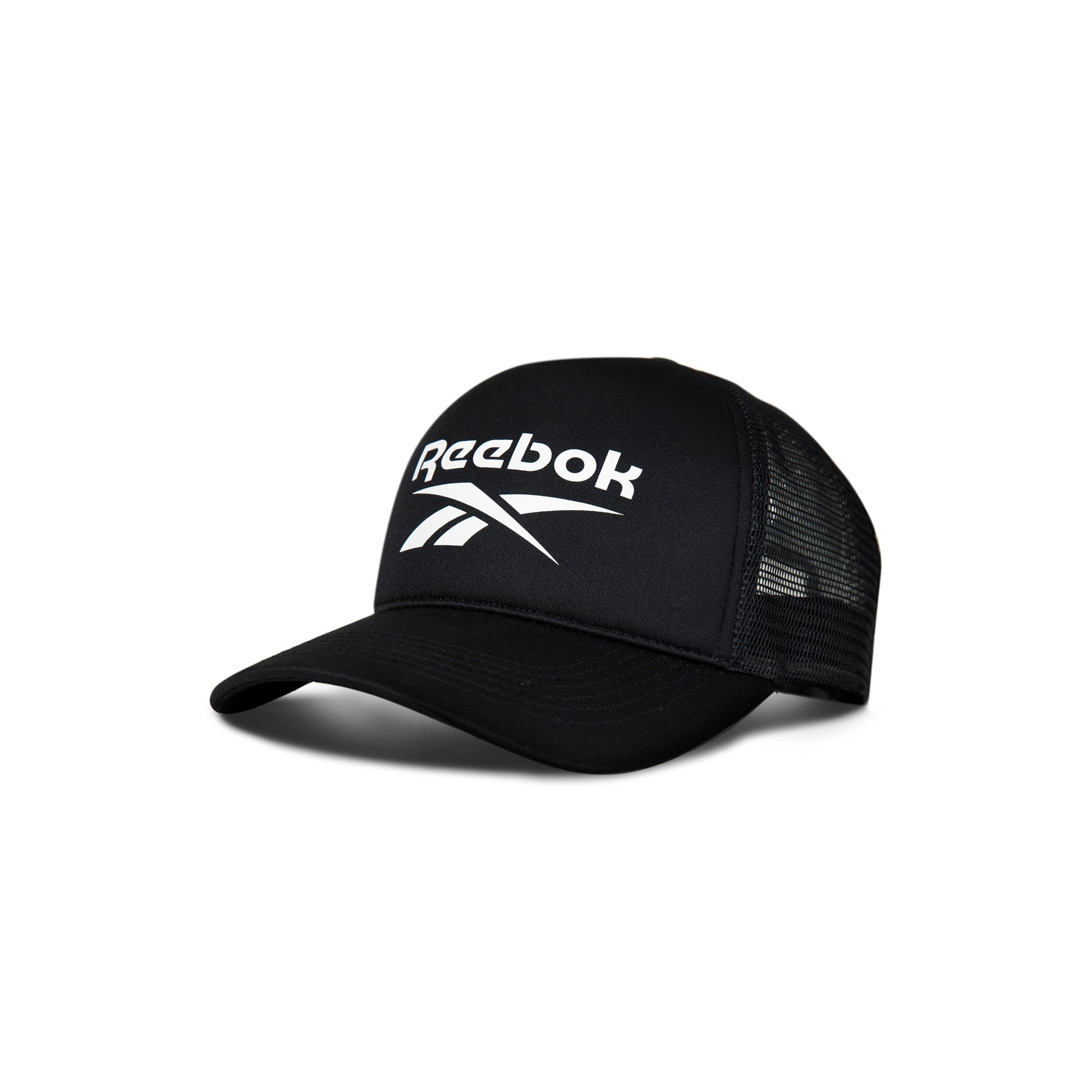 The Reebok Aero Cap is a black athletic hat with a curved brim and mesh back for breathability. It features the white Reebok logo and text on the front and has a moisture-wicking design. Shown on a plain white background.