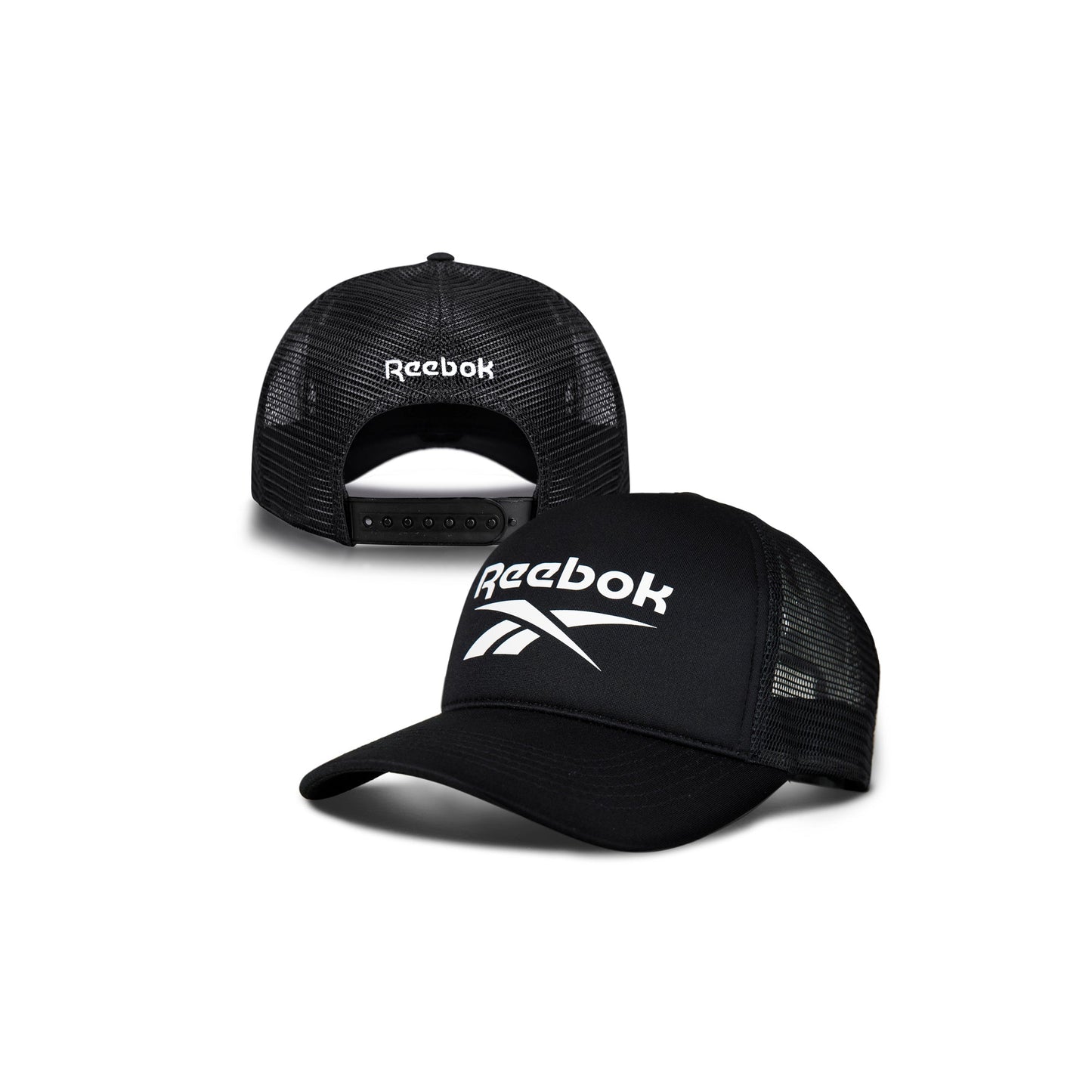 Two black Reebok Aero Caps—one facing forward, one backward—with white Reebok logo. These athletic caps feature mesh panels, moisture-wicking fabric, and adjustable snapback closures for comfort.