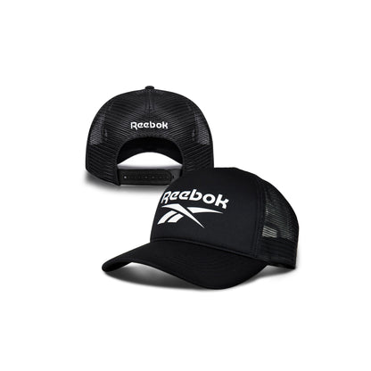 Two black Reebok Aero Caps—one facing forward, one backward—with white Reebok logo. These athletic caps feature mesh panels, moisture-wicking fabric, and adjustable snapback closures for comfort.
