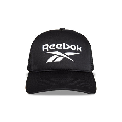 The Reebok Aero Cap in black features a white Reebok logo and text on the front. This moisture-wicking athletic hat combines classic style with performance and is shown from the front against a white background.