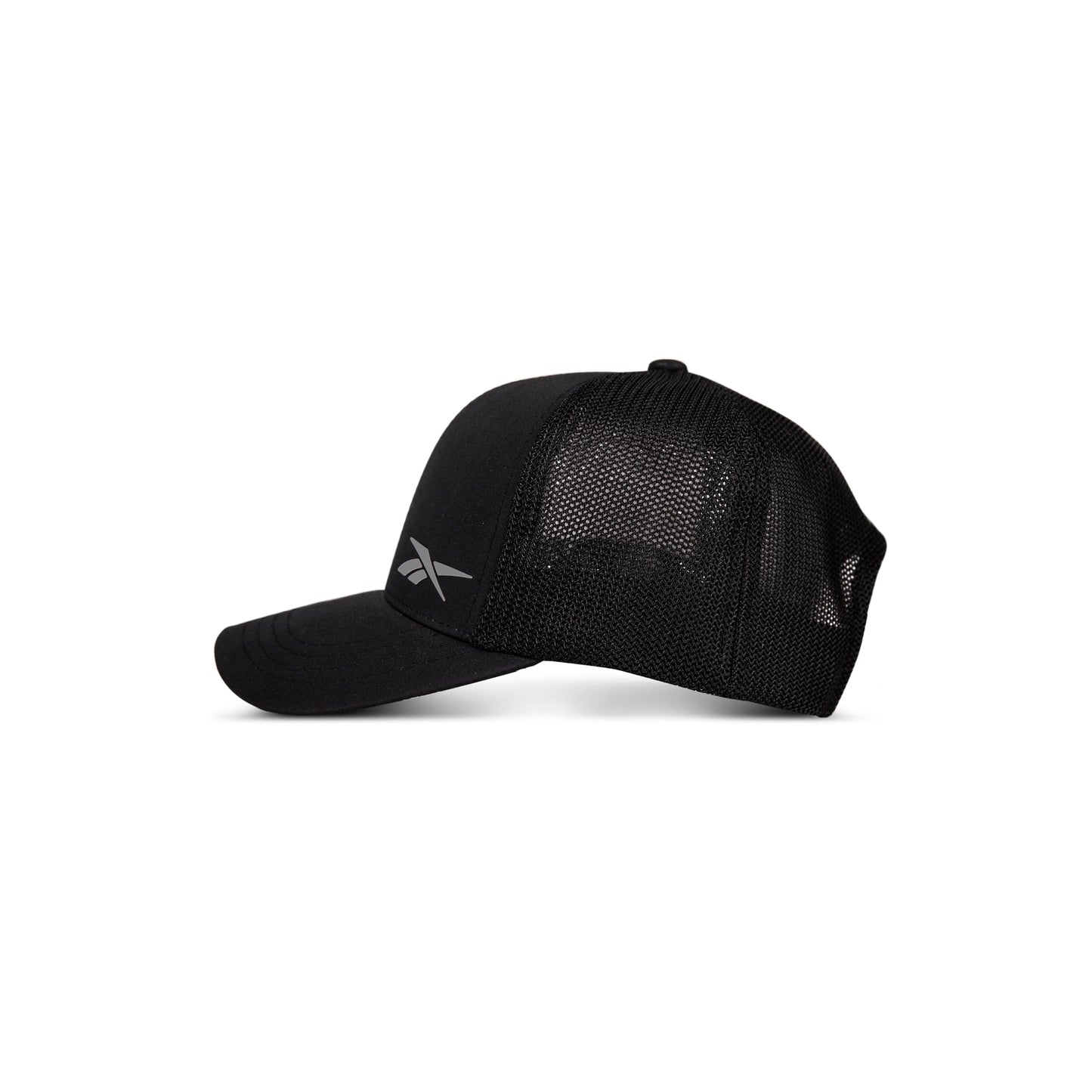 The Reebok Athletic Cap features black mesh, a curved brim, and a subtle side logo. Made from recycled polyester for comfort and performance. Shown in profile on a plain white background.