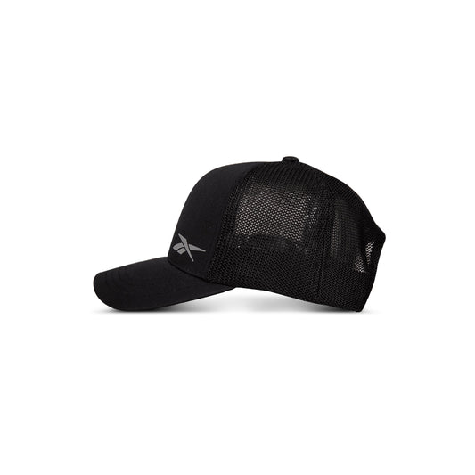 The Reebok Athletic Cap features black mesh, a curved brim, and a subtle side logo. Made from recycled polyester for comfort and performance. Shown in profile on a plain white background.