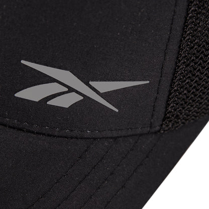 Close-up of the Reebok Athletic Cap in black, featuring a silver logo and right-side mesh detailing for comfort. Made from recycled polyester.