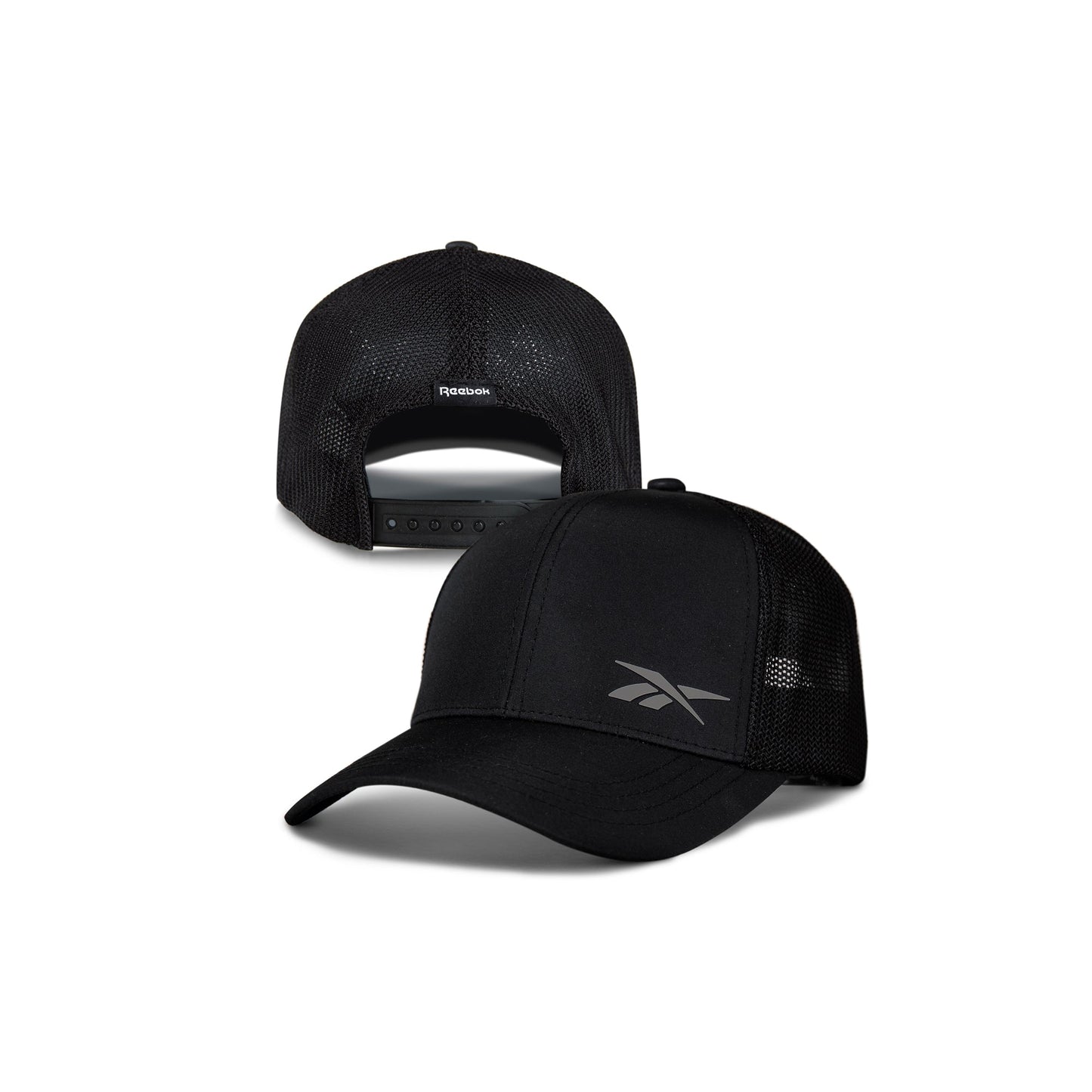 Two black Reebok Athletic Caps—crafted from recycled polyester for comfort—feature a gray Reebok logo with mesh panels on one, and an adjustable snapback with breathable mesh on the other.