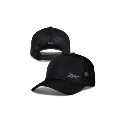 Two black Reebok Athletic Caps—crafted from recycled polyester for comfort—feature a gray Reebok logo with mesh panels on one, and an adjustable snapback with breathable mesh on the other.