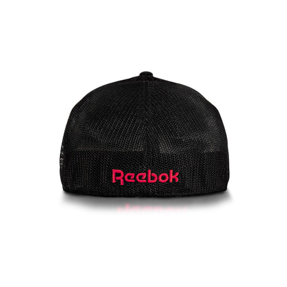 Elite Cap by Reebok shown from the back, features black mesh with the Reebok logo embroidered in pink near the bottom center. Displayed on a white background.