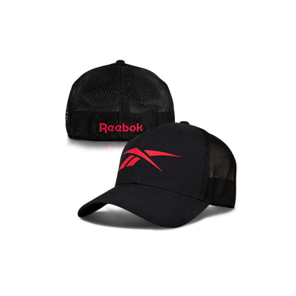 Two black Reebok Elite Caps: one with a red Reebok logo on the front, the other with "Reebok" in red on the back.