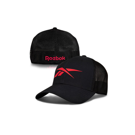 Two black Reebok Elite Caps: one with a red Reebok logo on the front, the other with "Reebok" in red on the back.