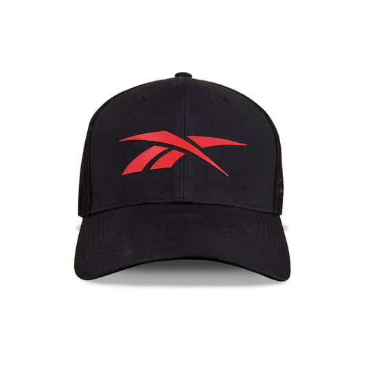 The Elite Cap by Reebok is a black baseball cap featuring a red Reebok logo on the front, displayed from the front view against a white background.