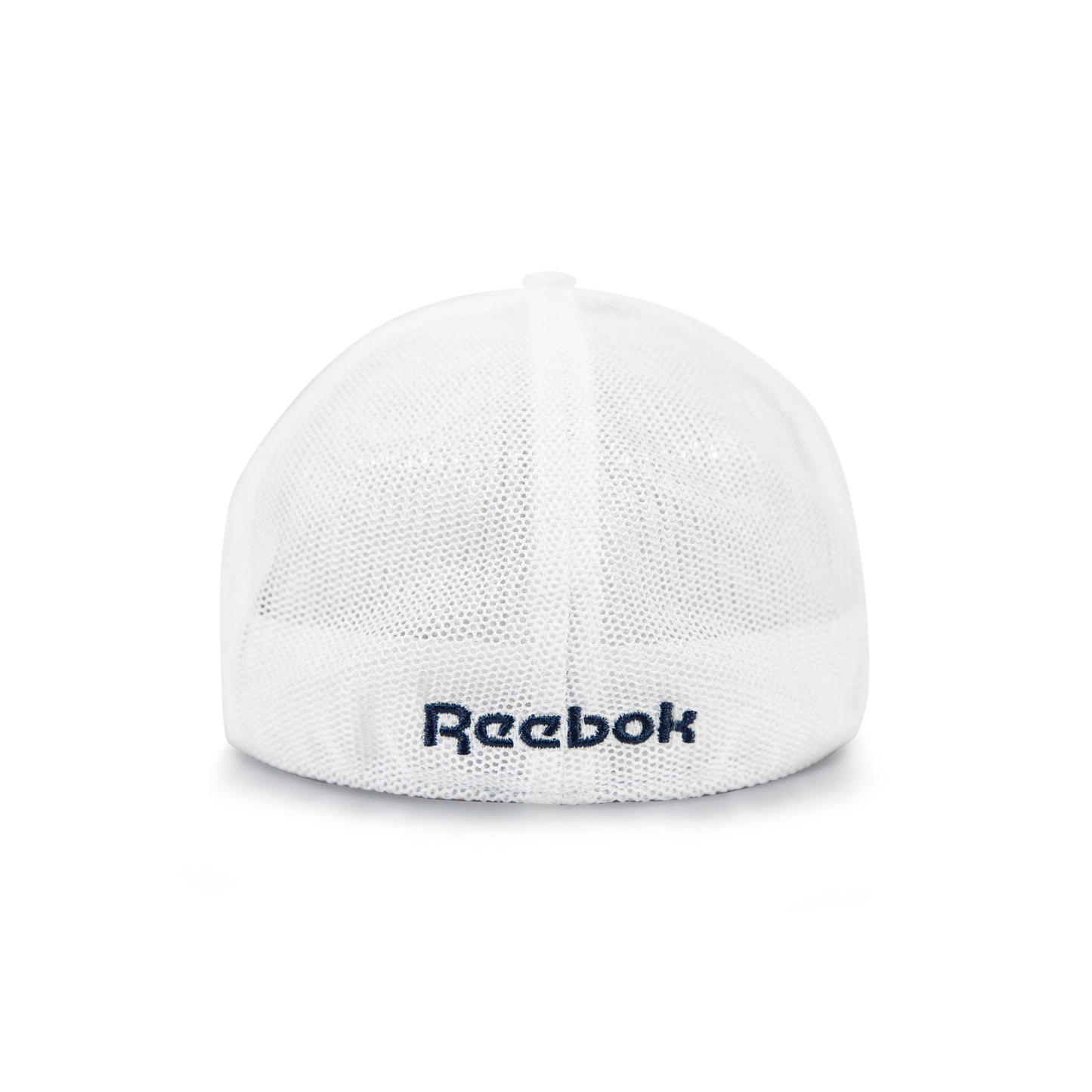 A white Reebok Elite Cap shown from the back, made with stretch mesh and featuring "Reebok" embroidered in dark blue above the bottom edge.