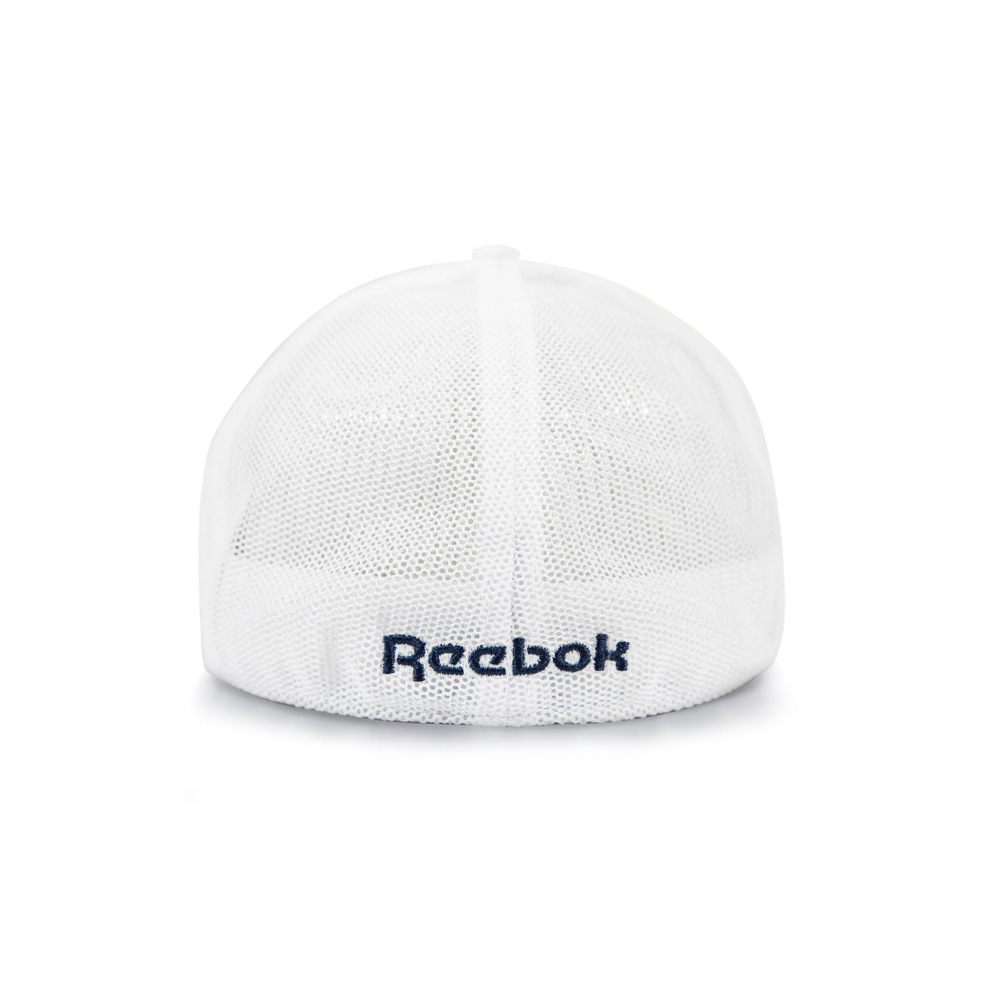 A white Reebok Elite Cap shown from the back, made with stretch mesh and featuring "Reebok" embroidered in dark blue above the bottom edge.