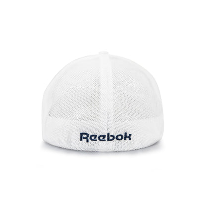A white Reebok Elite Cap shown from the back, made with stretch mesh and featuring "Reebok" embroidered in dark blue above the bottom edge.