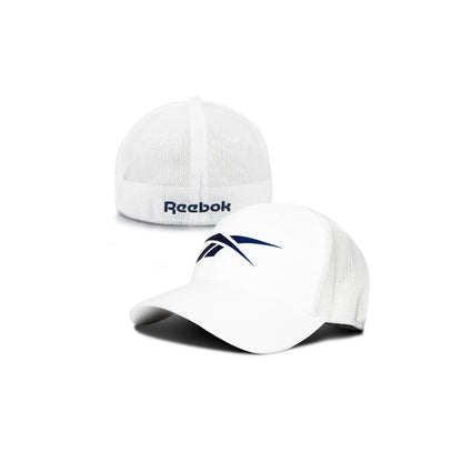 Two white Reebok Elite Caps are pictured: one shows the front with a navy Reebok logo, the other displays the back with "Reebok" in navy. Both performance-fitted caps have curved brims and structured crowns.