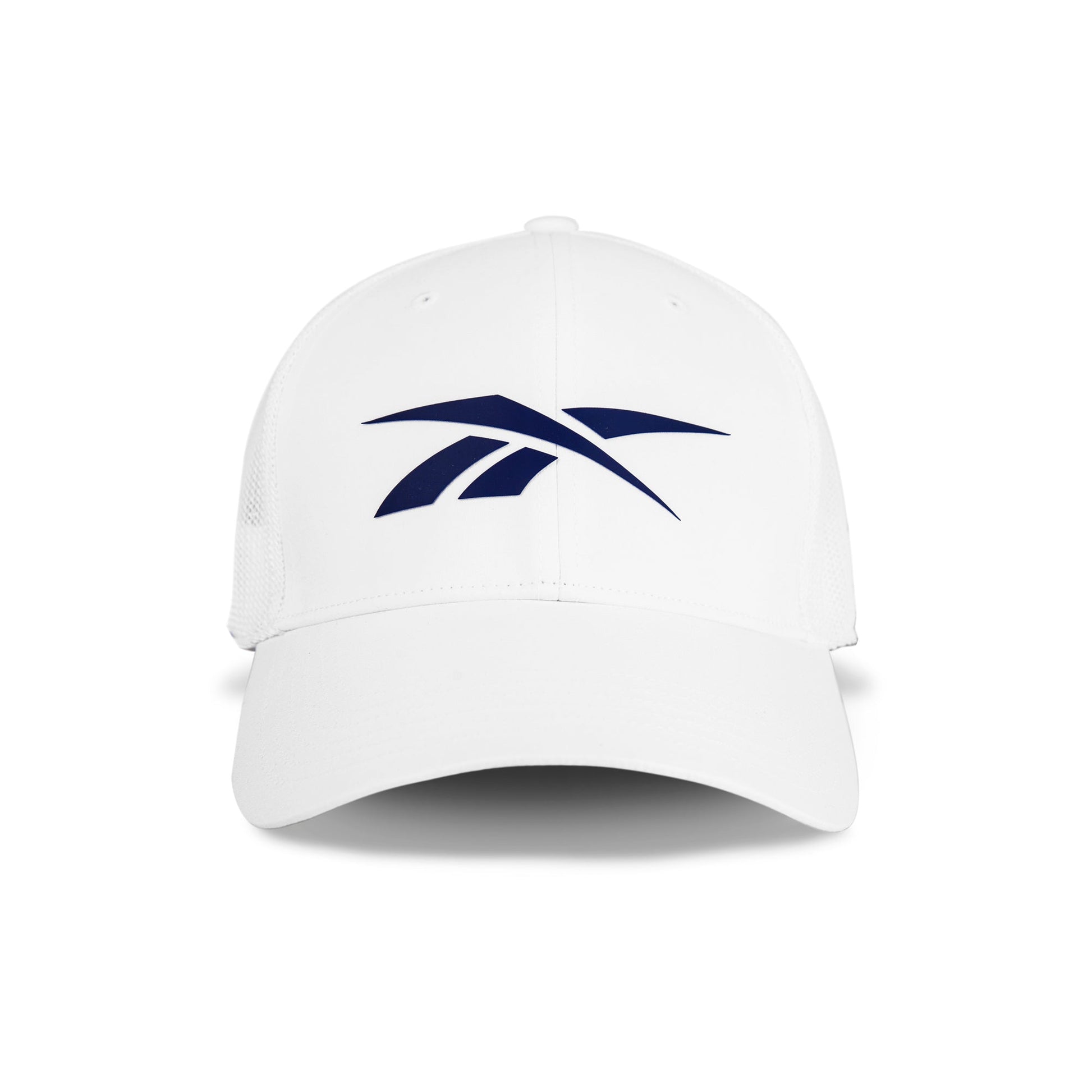 The Reebok Elite Cap is a white stretch mesh hat with a curved brim, structured crown, and a bold navy logo on the front center panel for comfort and standout style.