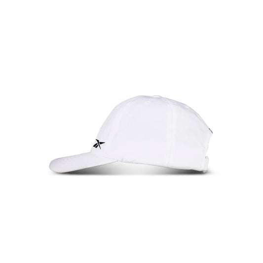 The Reebok Flow Cap, shown from the side on a plain white background, features a curved brim and small black logo on the front. Made from recycled polyester, it offers all-day comfort with a moisture-wicking sweatband.
