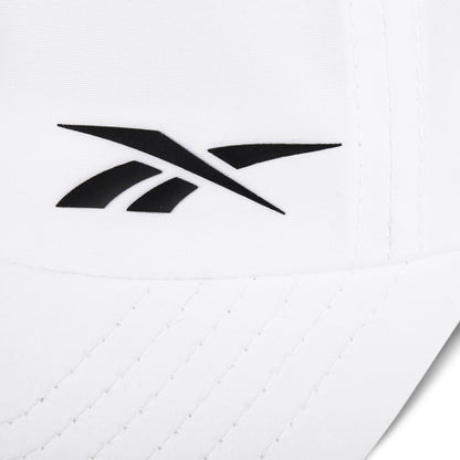 Close-up of the Reebok Flow Cap in white, crafted from recycled polyester with a black Reebok logo on the front, curved brim with visible stitching, and a moisture-wicking sweatband for added comfort.