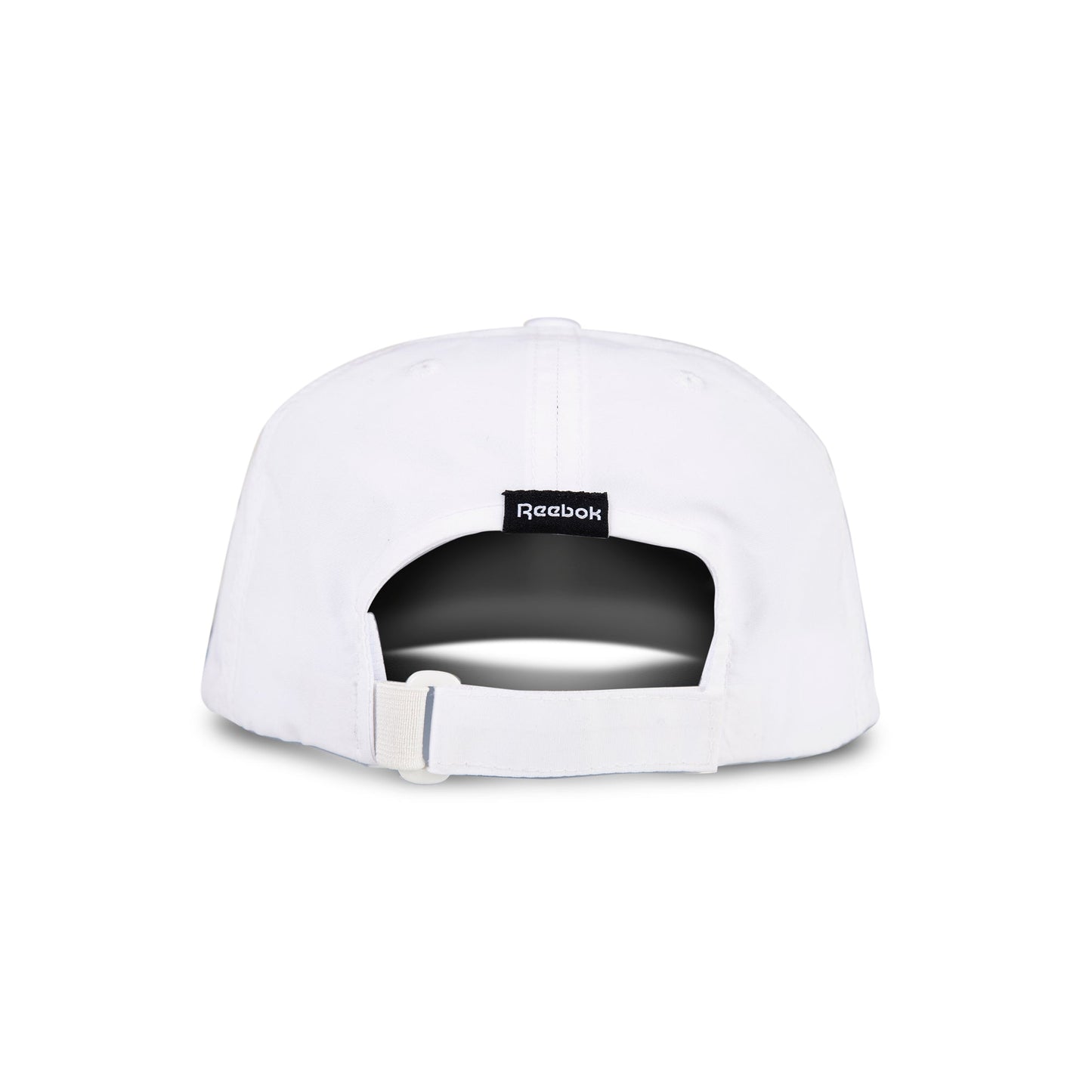 The Reebok Flow Cap in white is shown from the back, with an adjustable fabric strap and buckle, a black Reebok logo tag above the opening, and a moisture-wicking sweatband for comfort.