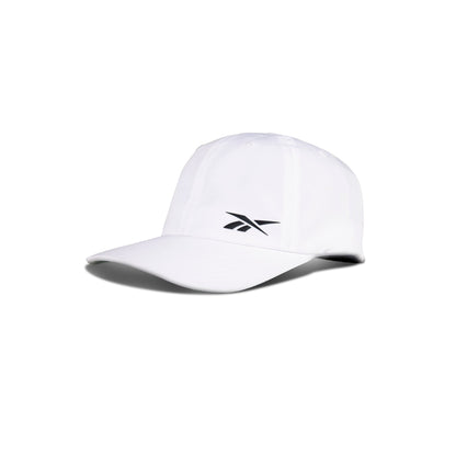 The Reebok Flow Cap is white, made from recycled polyester, and features a curved brim, a black front logo, and a moisture-wicking sweatband—displayed on a plain white background.