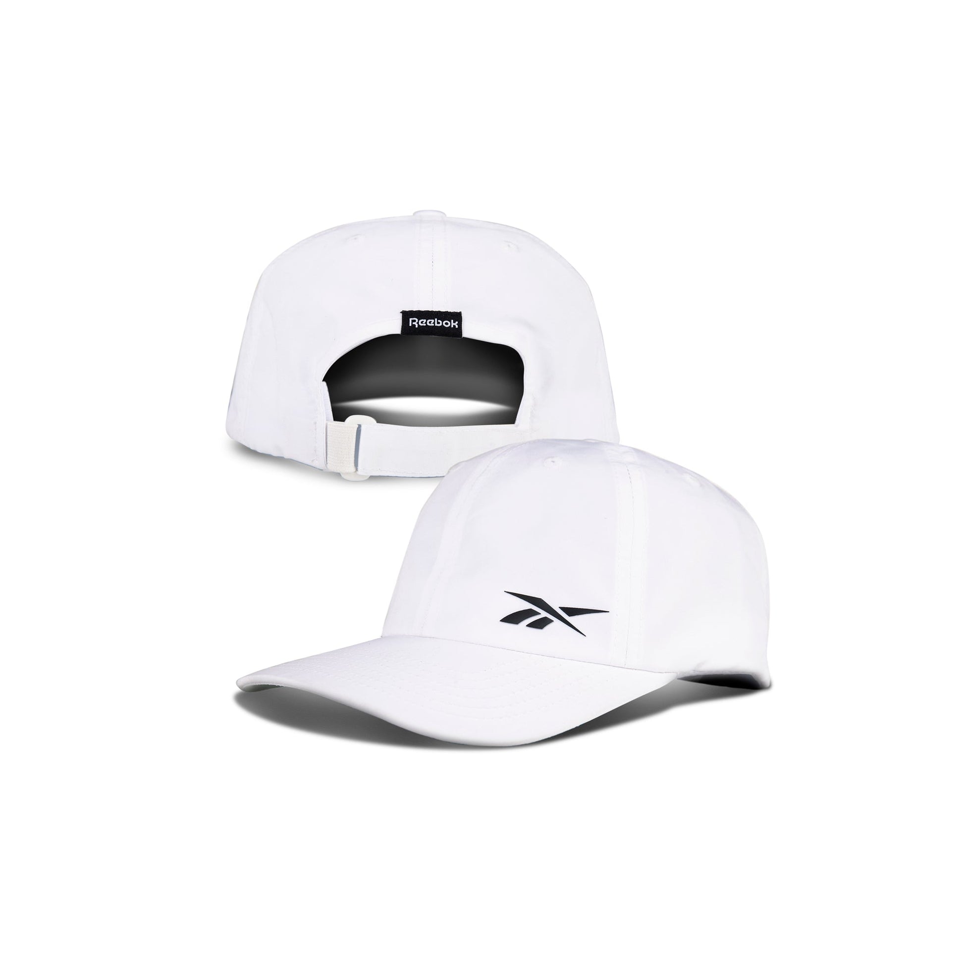 Front and back views of the Reebok Flow Cap: the front shows the black Reebok logo, while the back features an adjustable strap and label. Made from recycled polyester with a moisture-wicking sweatband, set on a plain white background.